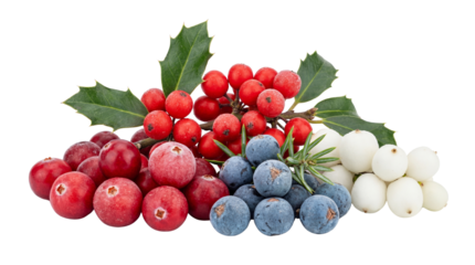 Assortment of vibrant winter berries including cranberries, juniper, and white holly on transparent background