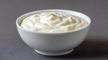 A bowl filled with smooth creamy white yogurt on a grey background