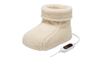 Cozy electric heated sherpa boot slipper with digital temperature control on transparent background