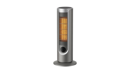Modern silver electric infrared space heater providing warmth and comfort on transparent background