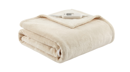 Cozy beige electric heated blanket folded neatly featuring an attached temperature control on transparent background