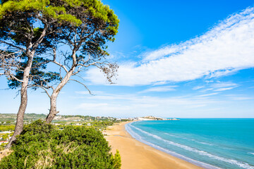 Panoramic view of Vieste&rsquo;s coastline with golden sand, turquoise sea, and Mediterranean pines, Apulia, Italy