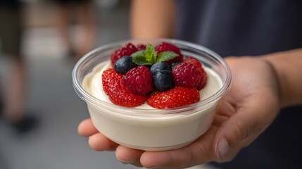 A close up view of a creamy dessert in a clear plastic cup topped with fresh strawberries raspberries blueberries and mint