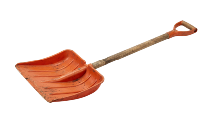 Heavy duty orange plastic snow shovel with wooden handle is ready for winter cleanup on transparent background