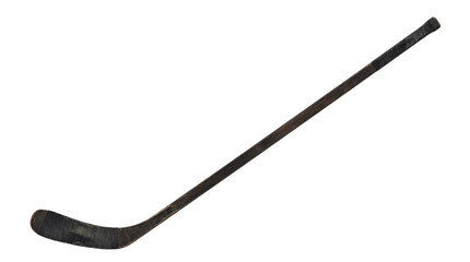 Naklejka premium Vintage dark wooden ice hockey stick with tape on the blade on transparent background