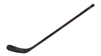 Vintage dark wooden ice hockey stick with tape on the blade on transparent background