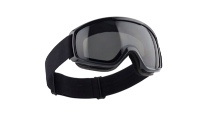 Sleek black tinted snow goggles with adjustable strap designed for winter sports protection on transparent background