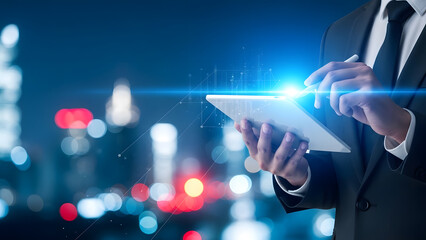 A businessman interacts with a digital tablet amidst a blurred cityscape at night