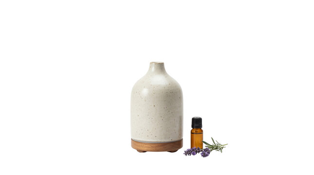 Ceramic essential oil diffuser with amber bottle and fresh lavender sprigs on transparent background