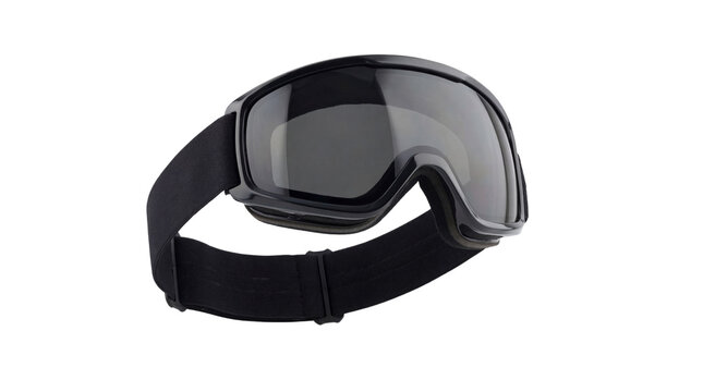 Sleek black tinted snow goggles with adjustable strap designed for winter sports protection on transparent background