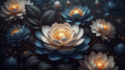 Illuminated blue lotus flowers
