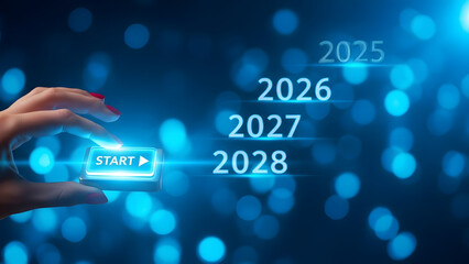 A hand interacts with a futuristic interface displaying a countdown to 2028 amidst glowing blue dots