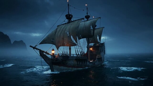 A ghost ship sails through the dark waters under the night sky with a mysterious light on board