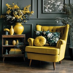 Elegant yellow armchair with floral pillows and a vase in a stylish interior