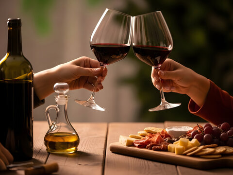 Couple toasting wine glasses on a romantic evening