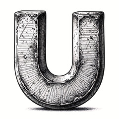 Vintage Engraved Uppercase Letter U in Rustic Metallic Style.