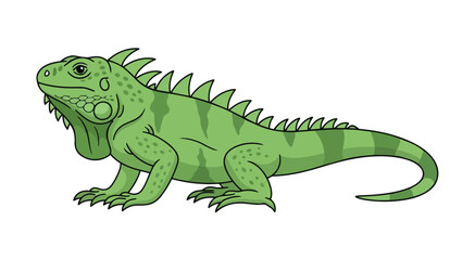 Obraz premium A charming vibrant green iguana cartoon illustration showcasing its distinctive features including its spiny crest, dewlap, and striped tail,