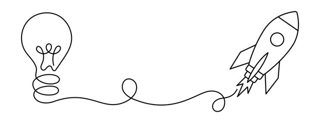 Light bulb connected to rocket symbolizing idea launch, creative thinking, innovation, startup growth, inspiration turning into action, progress, motivation and business psychology concept.