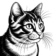 Beautiful black and white tabby cat illustration with detailed fur texture and expressive eyes