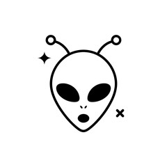 Simple black and white illustration of an alien head with antennas on a white background