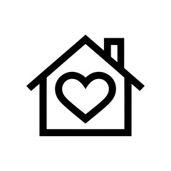 Simple black house icon with heart symbolizing home love and warmth on a clean white background