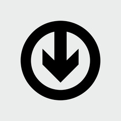 Simple black arrow icon pointing downwards within a circular outline symbolizing direction or navigation