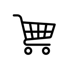 Simple black shopping cart icon on white background representing e-commerce and online shopping with a minimalist design