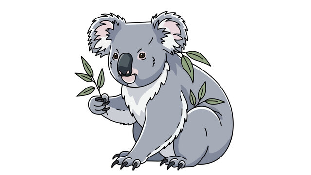 charming grey koala illustration holding fresh eucalyptus branch with vibrant green leaves a delightful australian marsupial cartoon character