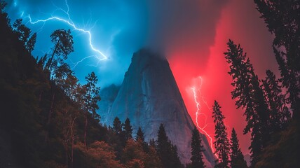 a dramatic landscape photograph showcases yosemite s granite cliffs illuminated by vibrant blue and red lightning strikes during a stormy night