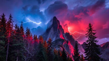 a dramatic landscape featuring a majestic mountain peak silhouetted against a vibrant stormy sky with intense lightning high quality professional detailed