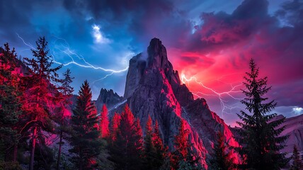 a dramatic landscape featuring a towering mountain peak illuminated by vibrant lightning strikes amidst a stormy colorful sky high quality professional