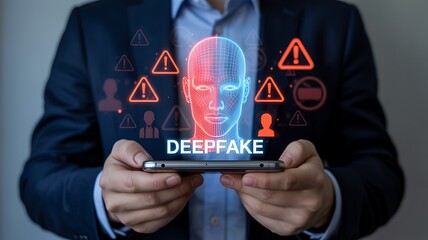 A businessman is displaying a smartphone showcasing a digital face with warning signs highlighting the emerging threat of deepfake technology and its potential risks