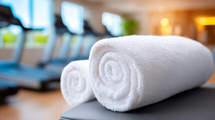 Freshly rolled white towels on a gym bench, ready for a workout session in a modern fitness center.