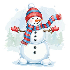 Cute Snowman with Red Hat and Striped Scarf Standing Joyfully.