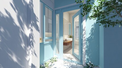 Exterior view of an open door with light blue frame and wall details