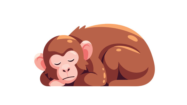 A charming flat design illustration of a small brown monkey deeply asleep in a comfortable curled position representing peaceful rest and tranquil