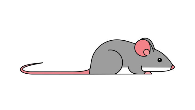 A friendly, simple, and charming grey mouse cartoon illustration with noticeable pink ears and a long tail, presented on a clean white background
