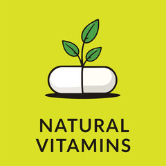 Natural Vitamins Concept Illustration with a Growing Plant Leaf from a White Capsule Pill on a Lime Green Background