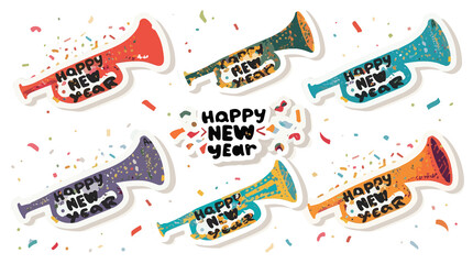  illustration template featuring a set of vibrant trumpet-shaped stickers with a flat design style, adorned with celebratory patterns and confetti with png Transparent 