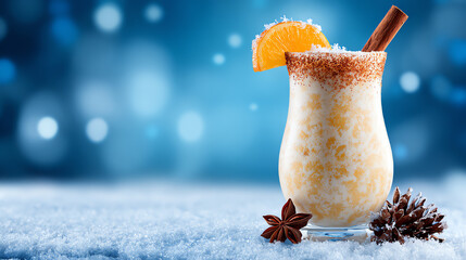 Refreshing tropical cocktail garnished with cinnamon, orange, and spices, set against a dreamy blue background. Perfect for relaxation.