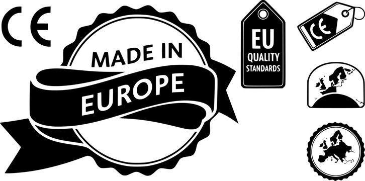 Made in Europe label. Made in Europe product emblem, sign, symbol, badge or seal. European Union quality standards tag, stamp an sticker. CE mark pictogram for product packaging. EU quality icon. 
