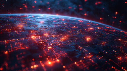 Stunning view of Earth from space, showcasing vibrant lights and intricate details of a digital world, representing technological innovation.