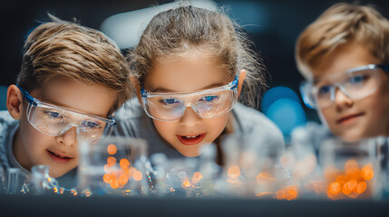 Three curious children explore scientific experiments with glasses on, showcasing the joy of learning in a lab environment.