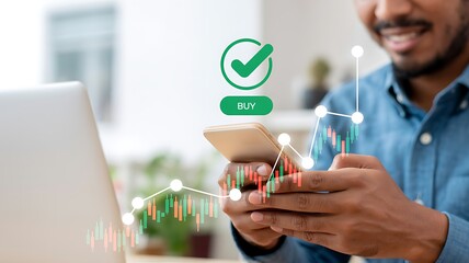A smiling man examines financial data on his phone overlaid with a stock chart and a buy checkmark icon suggesting successful investment