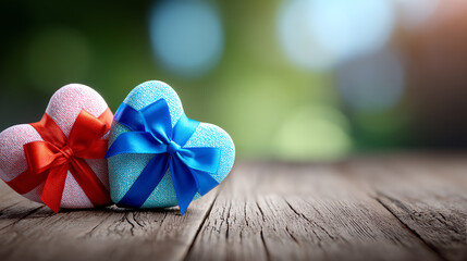 Two beautifully wrapped heart-shaped gifts with ribbons, symbolizing love and affection on a rustic wooden table.