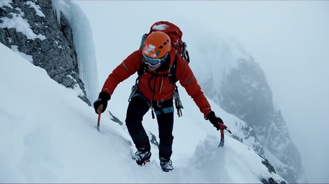 Extreme ice climber ascending vertical snowy wall