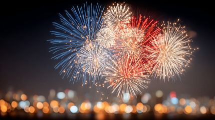 Vibrant fireworks burst in a night sky, creating a festive atmosphere against a blurred city backdrop, perfect for celebration imagery.