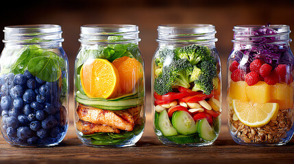 Vibrant jars filled with fresh fruits and vegetables, showcasing healthy meal prep ideas for a balanced lifestyle.