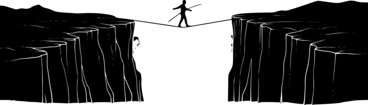 high stakes balancing act, tightrope walker, deep chasm, misty atmosphere, dramatic landscape, daring feat, silhouette figure, precarious journey, vast gap between cliffs, foggy abyss, courage, risk-t