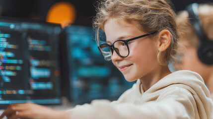 Young girl coding at a computer, displaying concentration and creativity. Inspiring future generations in technology and programming.